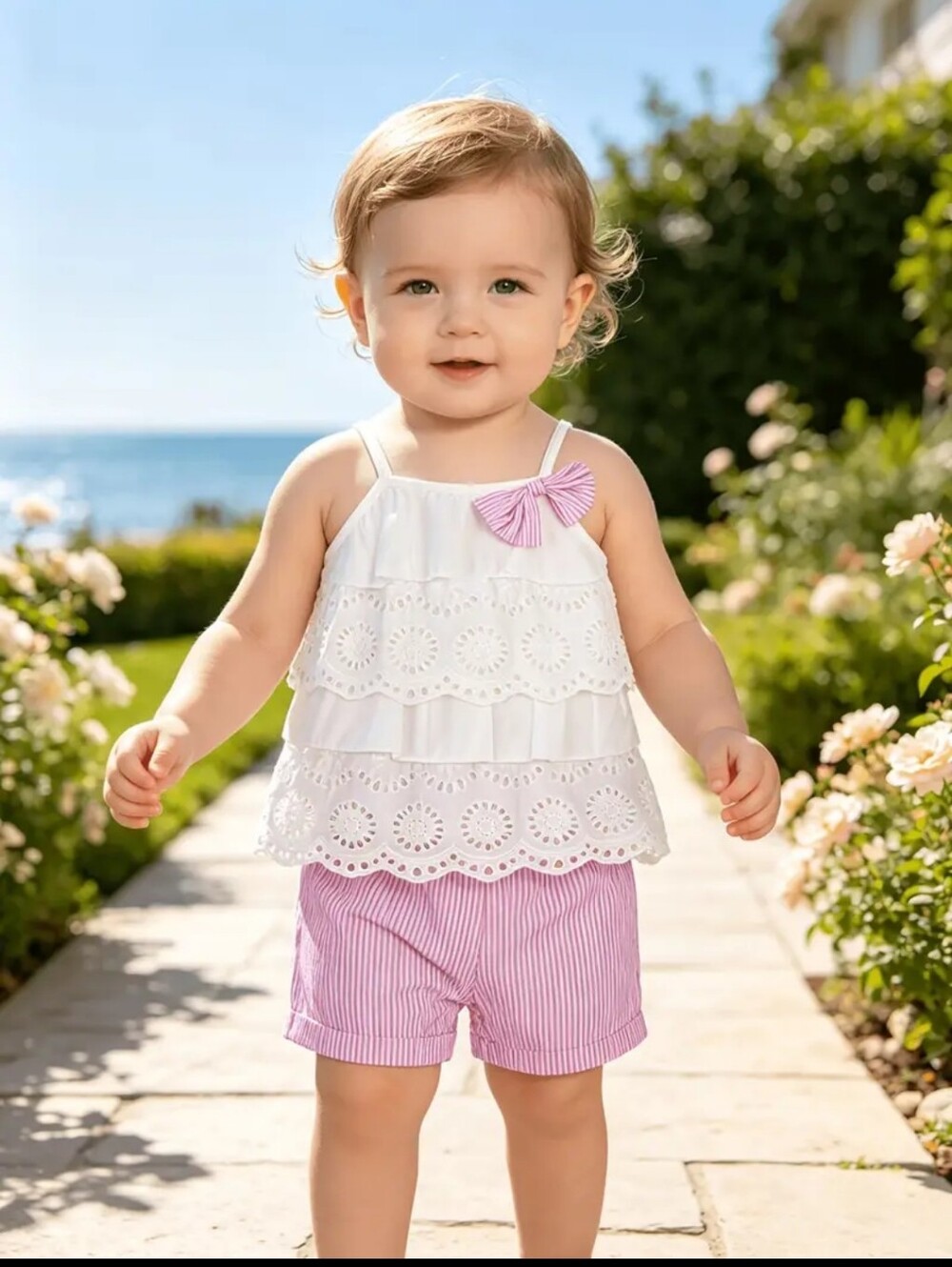 Girls White Eyelet Ruffle Tank with Pink Striped Shorts, Size 2-3Y